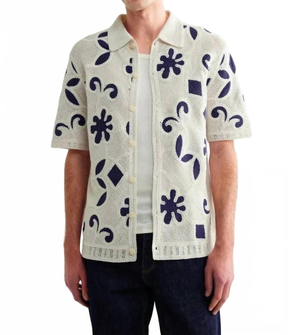 NEW WAX LONDON doodle crochet porto polo shirt in ecru dark blue